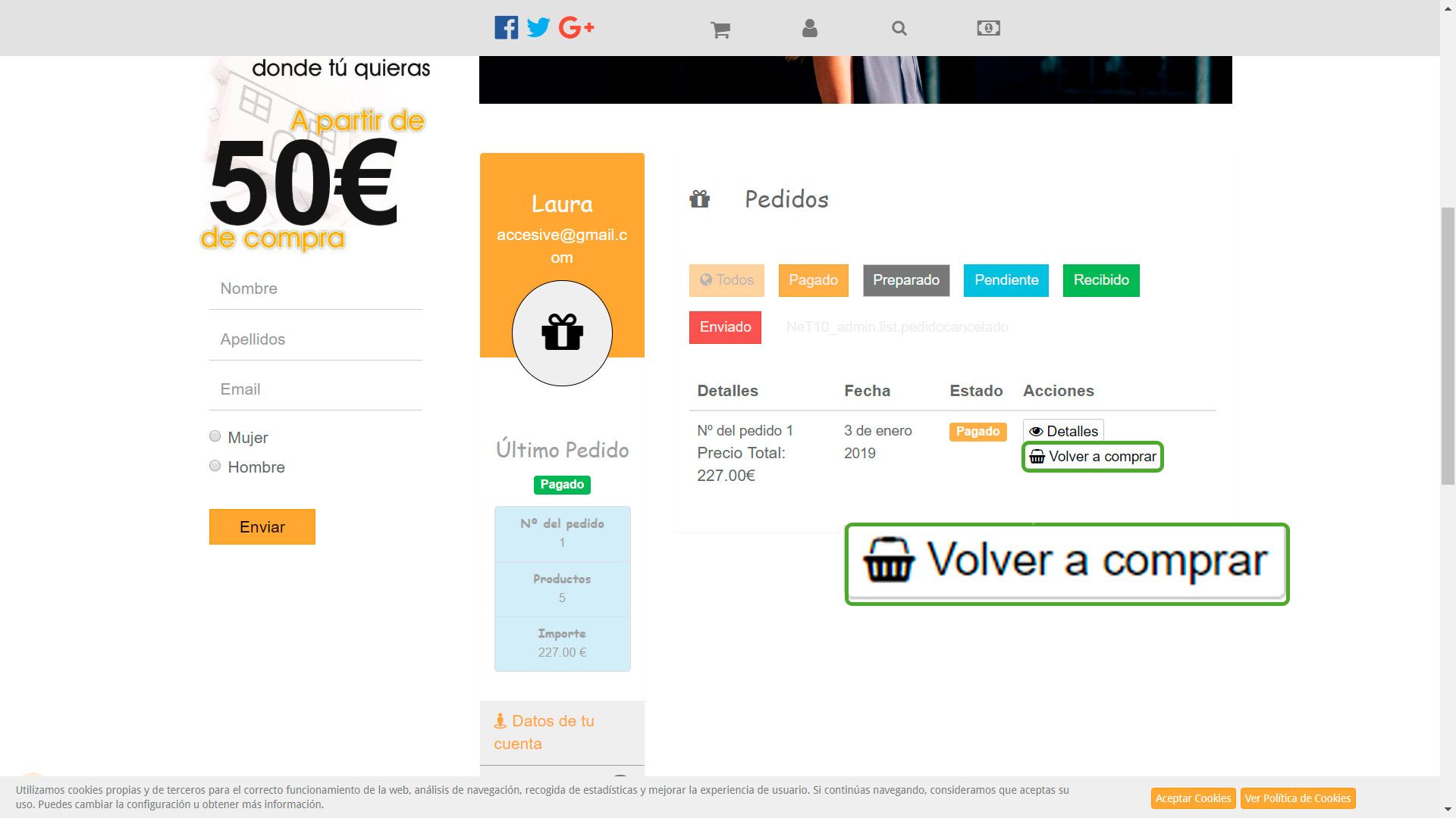 Histórico de pedidos online